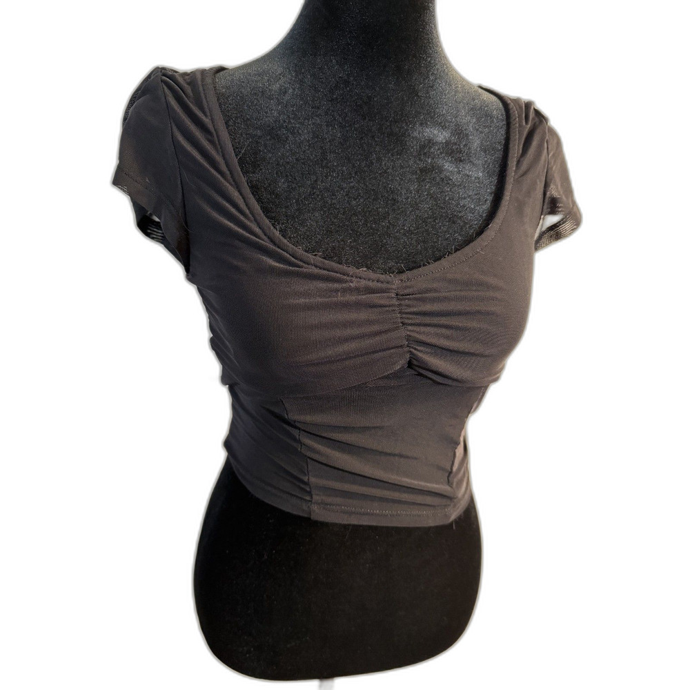 Fashion Nova Black Mesh Ruched Crop Top — Cap Sleeve, Scoop Neck, Size S